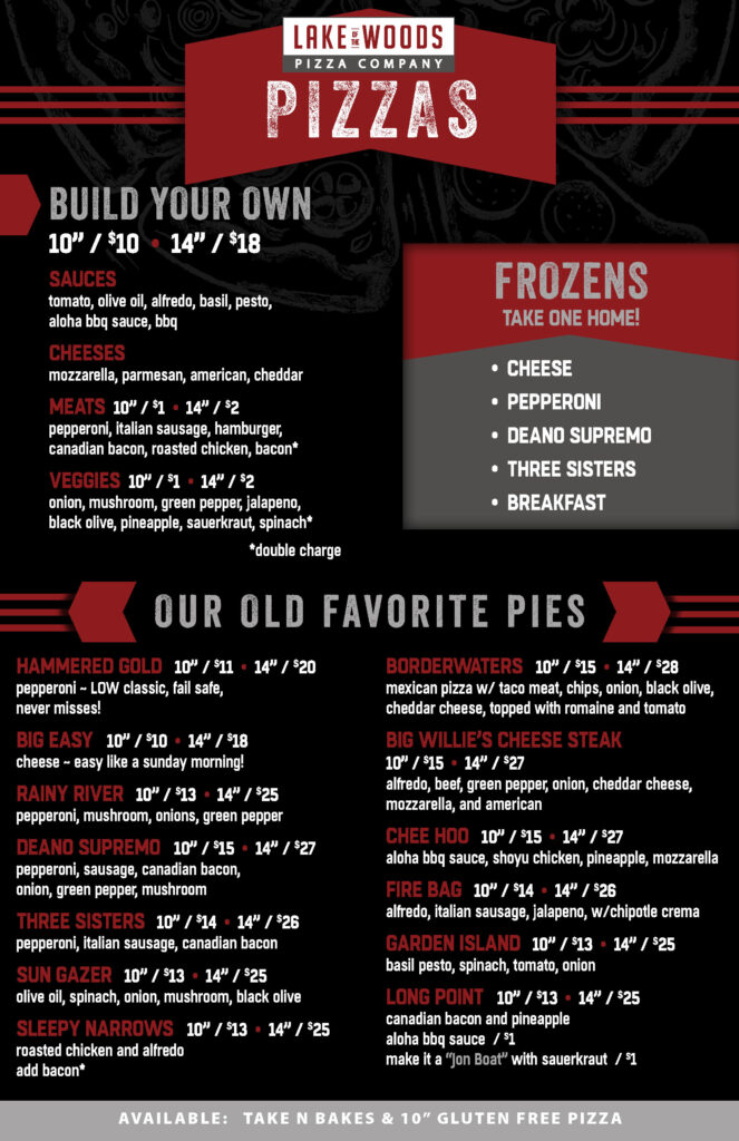 Menu Lake of the Woods Pizza Company, Baudette MN